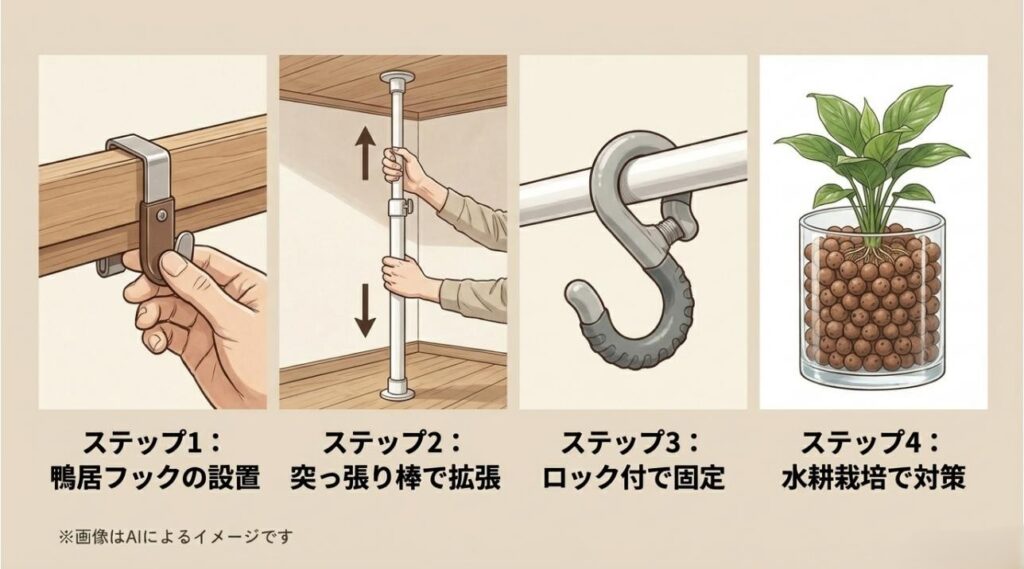 鴨居フック、突っ張り棒、ロック付きフック、水耕栽培の4つのステップを順番に解説した図解イラスト