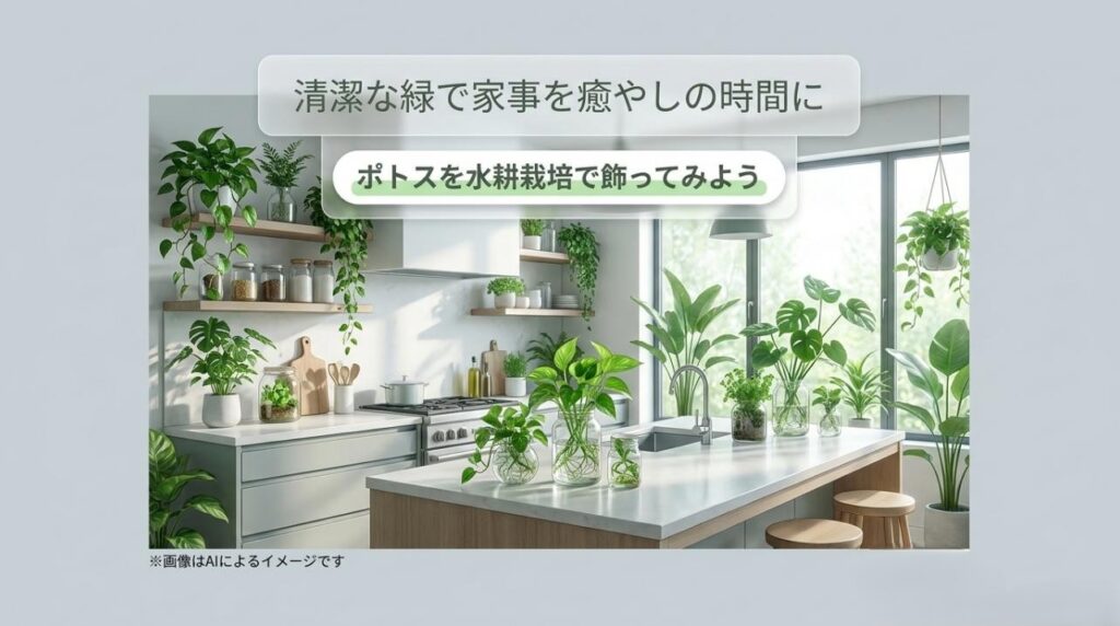 たくさんの緑がおしゃれに飾られた明るいキッチンのイラストとともに、「清潔な緑で家事を癒やしの時間に」「ポトスを水耕栽培で飾ってみよう」と書かれたまとめのスライド