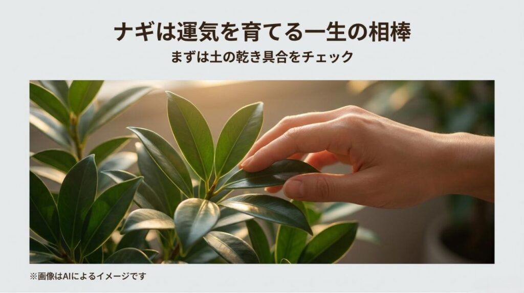 艶やかなナギの葉を優しくなでる手元と、一生の相棒として運気を育てるメッセージを込めた結びのスライド