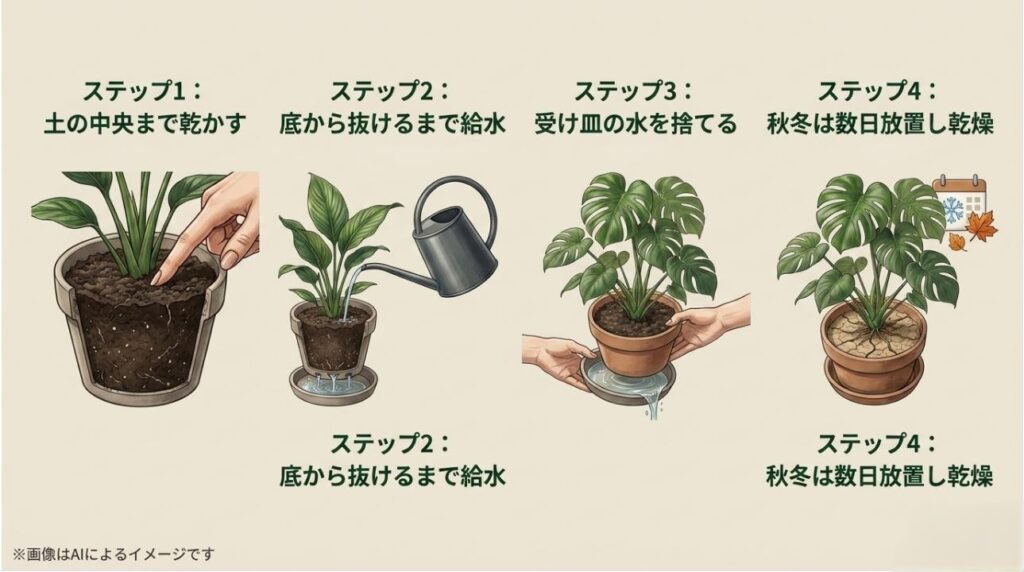 ステップ1(土の中央まで乾かす)、ステップ2(鉢底から抜けるまで給水)、ステップ3(受け皿の水を捨てる)、ステップ4(秋冬は数日放置して乾燥)を分かりやすく図解した4コマのイラスト