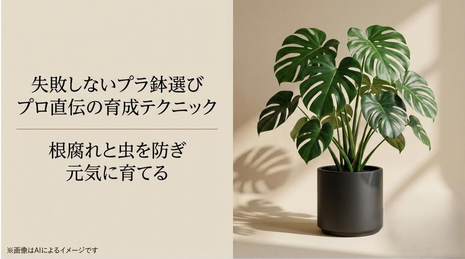 おしゃれな黒のプラスチック鉢に植えられたモンステラの画像と、記事タイトルが記載された表紙スライド