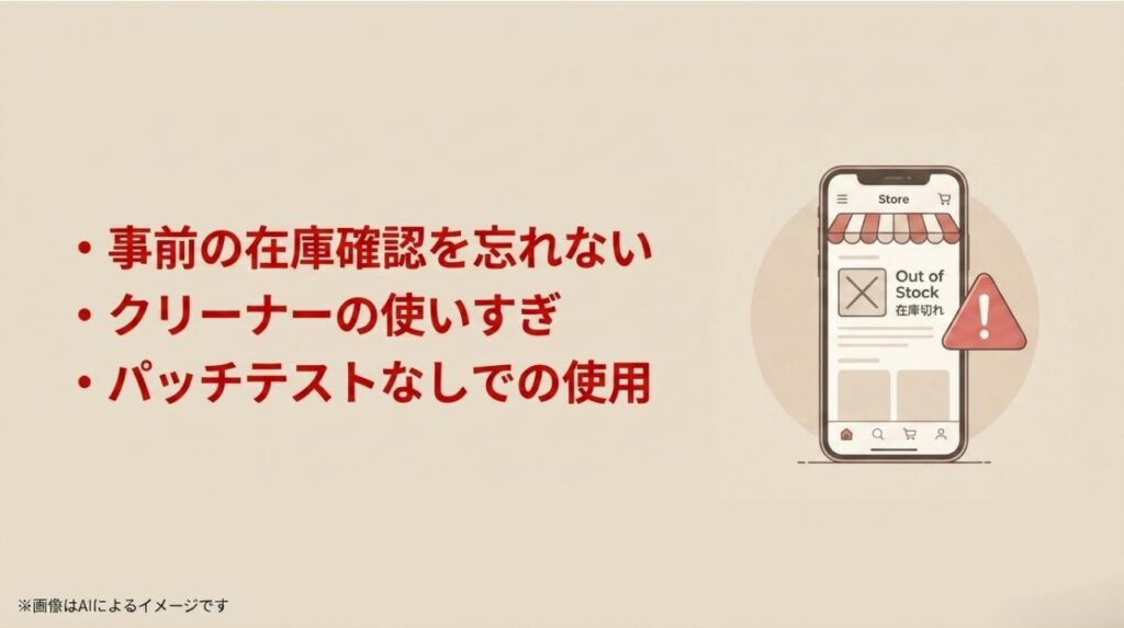 スマートフォンの在庫切れ画面と、事前の在庫確認、クリーナーの使いすぎ、パッチテストなしでの使用への注意喚起