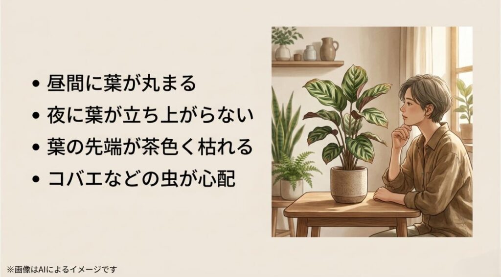 葉の丸まりや枯れ、虫の心配など、カラテア栽培で直面しやすい4つの主なトラブルをまとめたスライド
