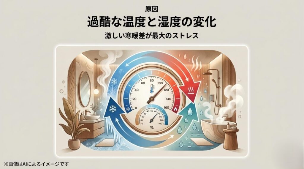 お風呂の使用時と夜間で温度・湿度が激しく乱高下し、それが植物の大きなストレス原因になることを説明した温度計イメージ付きのスライド