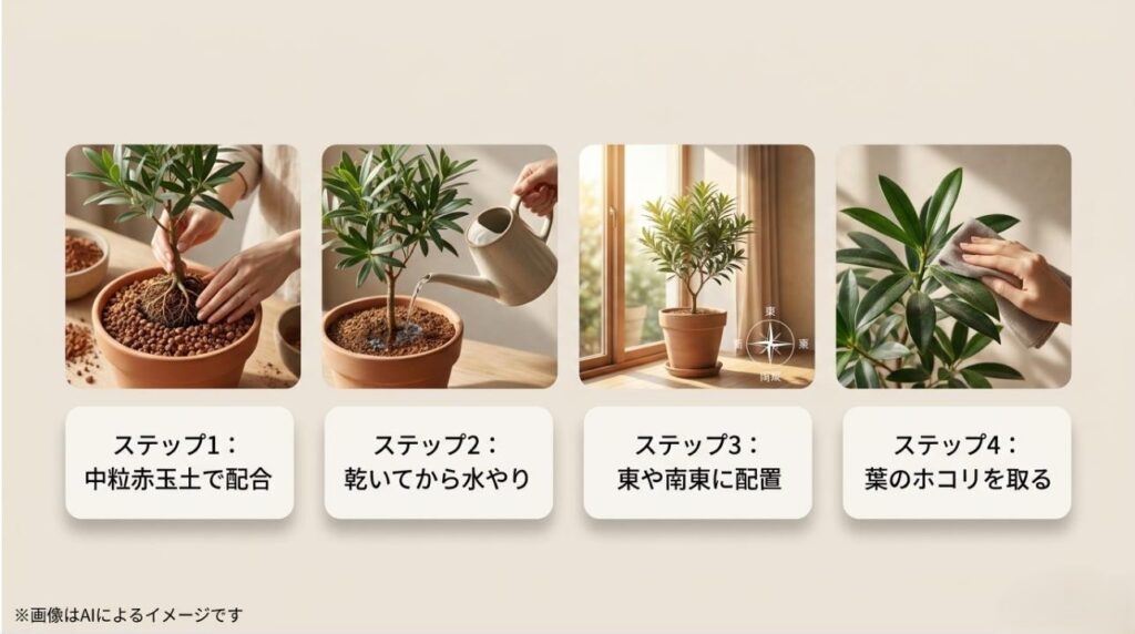中粒赤玉土の配合から水やり、配置、手入れまでを4つのステップでまとめた実践ガイドスライド