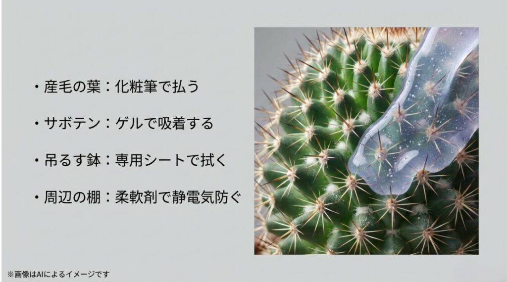 産毛のある葉は化粧筆、サボテンはゲル、吊るす鉢は専用シートなど、場所別の適した道具をまとめたスライド