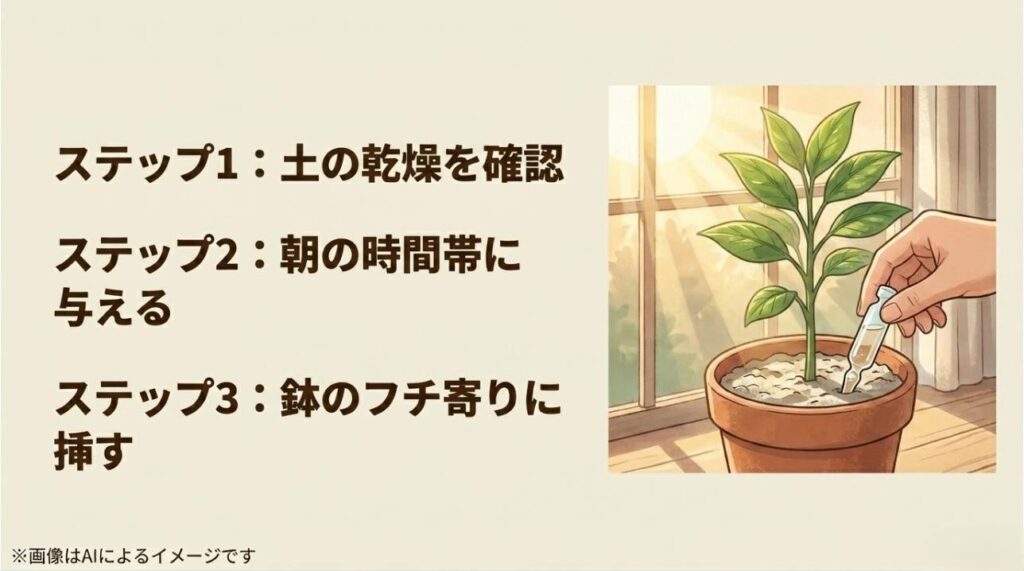 土の乾燥を確認し、朝の時間帯に、鉢のフチ寄りにアンプルを挿すという、栄養剤の効果を最大化する3つの手順