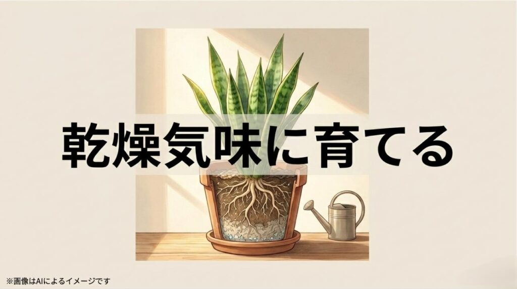 「乾燥気味に育てる」というメッセージとともに、多肉質な葉に水分をたっぷりと蓄えるサンスベリアの性質を伝えるシンプルな解説スライド
