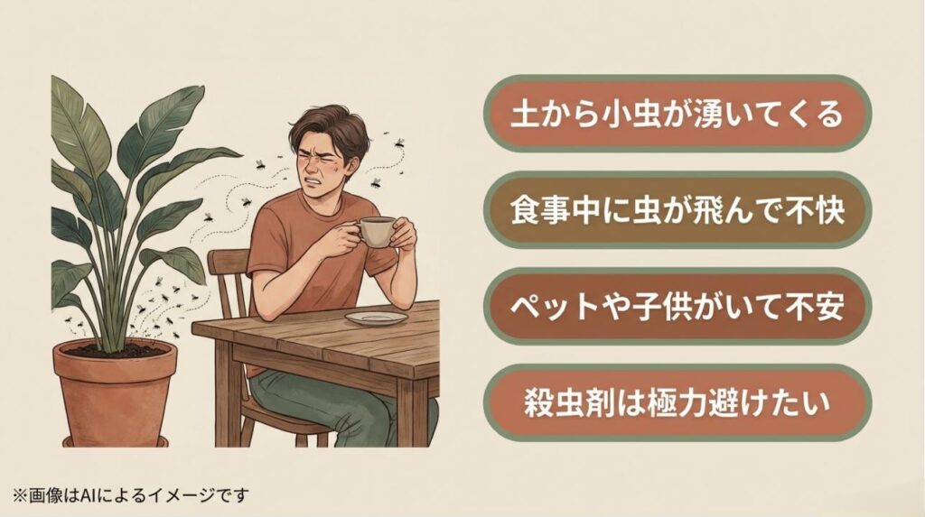 食事中に観葉植物の土から湧いたコバエが飛んできて、不快な表情をしている男性のイラスト