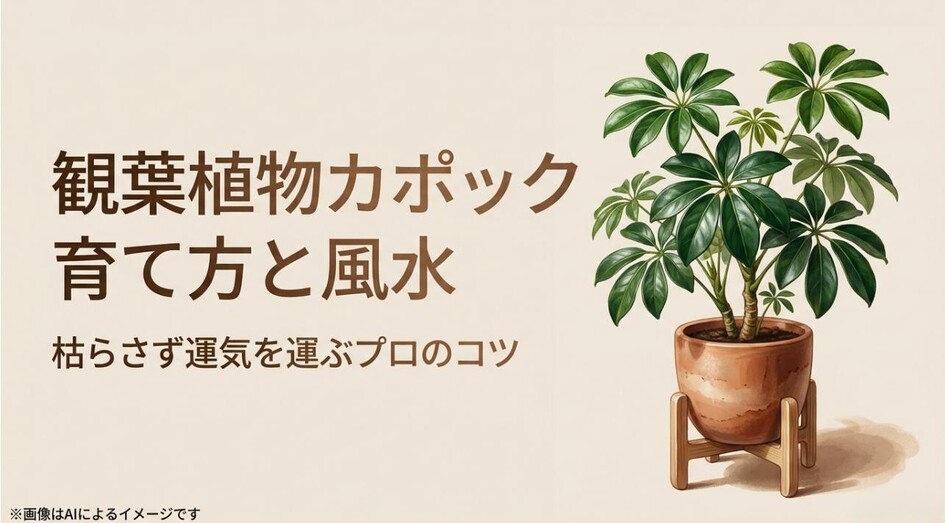 鉢植えの元気なカポックのイラストと、育て方・風水術を伝えるタイトルのアイキャッチ画像