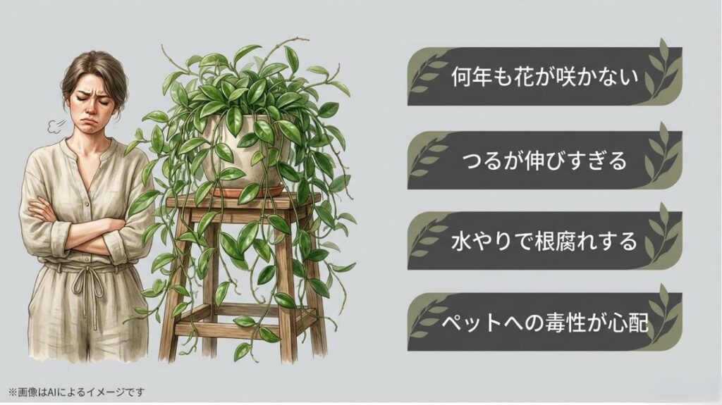 何年も花が咲かない、つるが伸びすぎるなど、ホヤの育成に関する悩みを抱えて腕を組む女性のイラスト