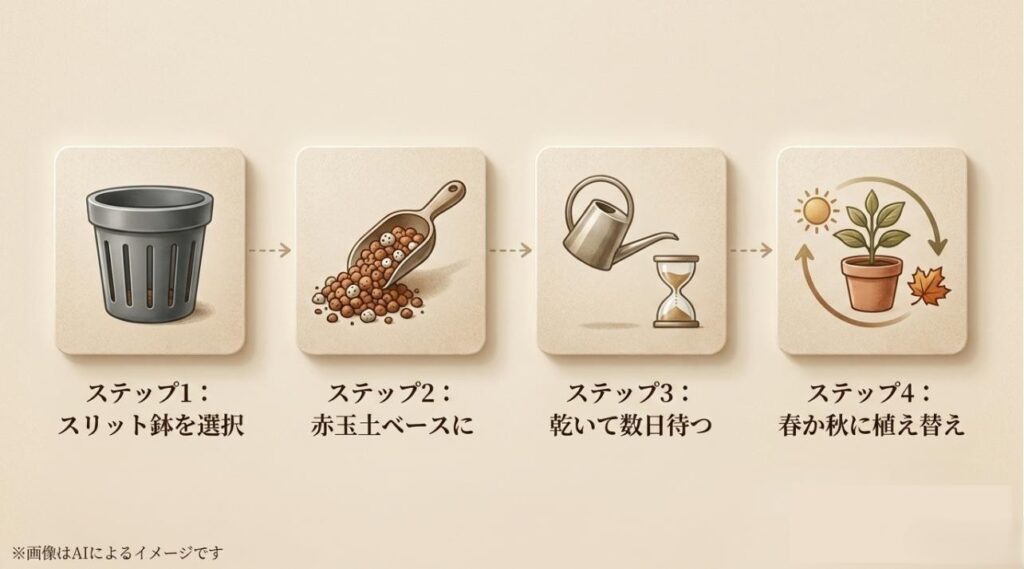 鉢選び、土の配合、水やりのタイミング、植え替え時期という4つの工程を順に説明したガイドスライド