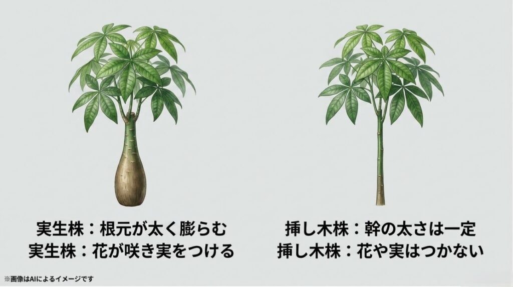 根元がぷっくり膨らんだ実生株と、幹の太さが一定の挿し木株を比較したイラスト