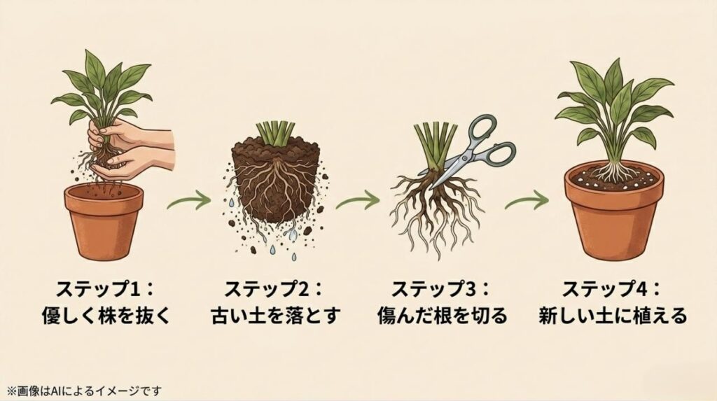 株を抜く、土を落とす、傷んだ根を切る、新しい土に植えるという一連の植え替え工程を図解したスライド