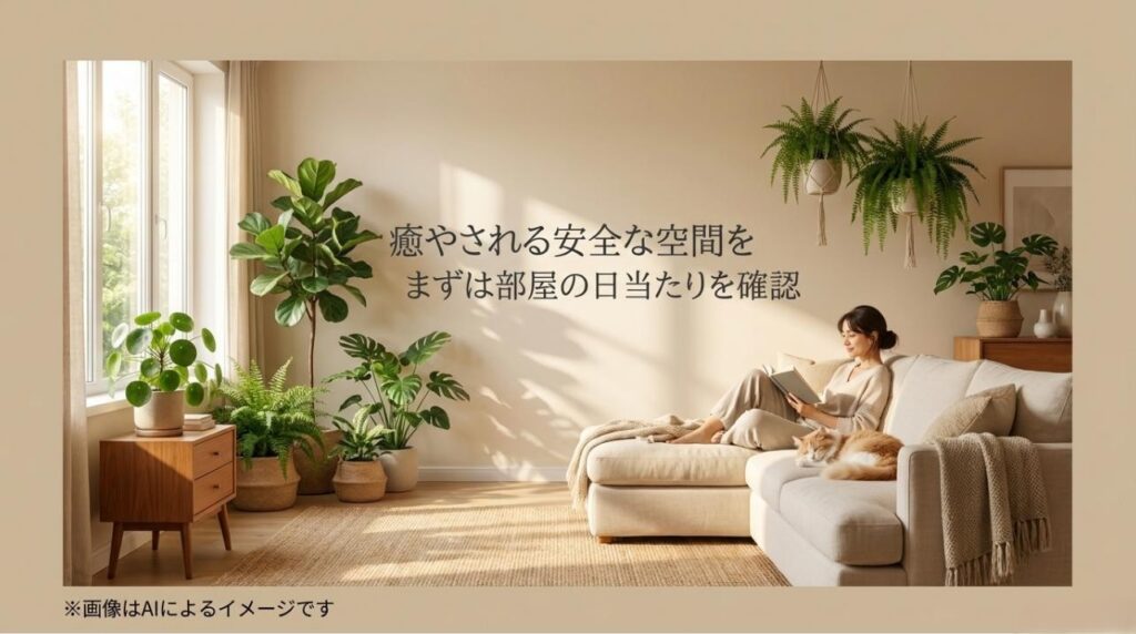 柔らかな日の光が差し込むリビングで、たくさんの植物とペットの猫に囲まれて読書をする女性の快適な空間イメージ