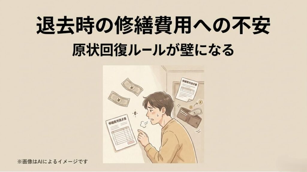 男性が退去時の高額な修繕費用請求書を見てため息をついているイラスト