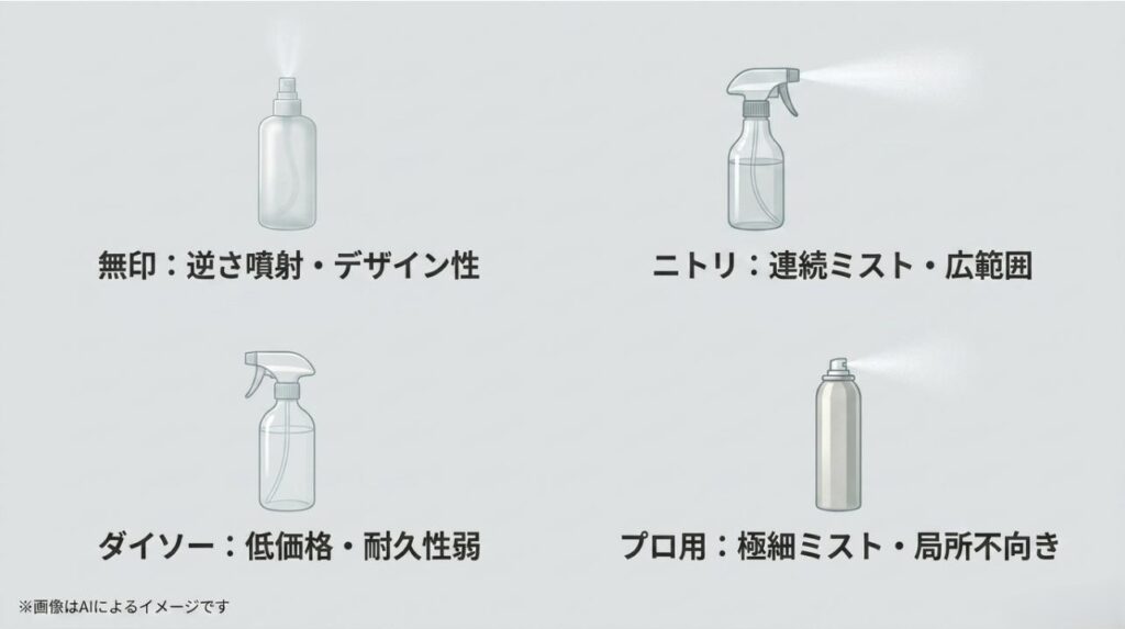 無印良品、ニトリ、ダイソー、プロ用それぞれのスプレーの特徴とメリット・デメリットをまとめた比較テキスト