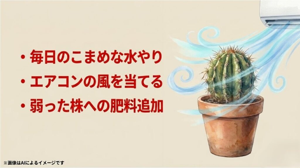 毎日のこまめな水やり、エアコンの風を当てる、弱った株への肥料追加など、サボテン育成で避けるべき3つのNG行動をまとめたスライド