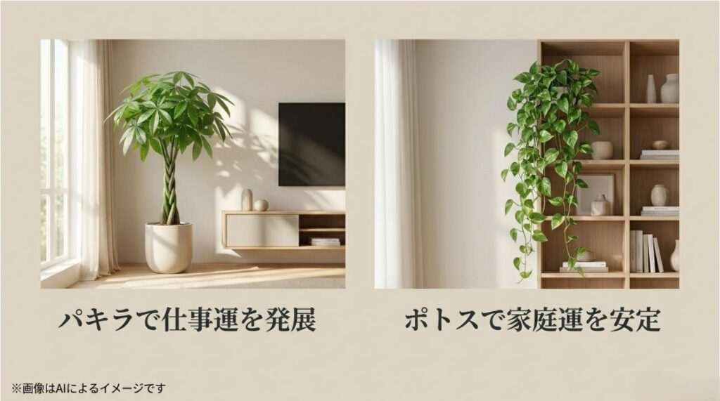 テレビ横に置かれたパキラと、棚から垂れ下がるポトスがもたらす風水的な運気の変化を解説したスライド