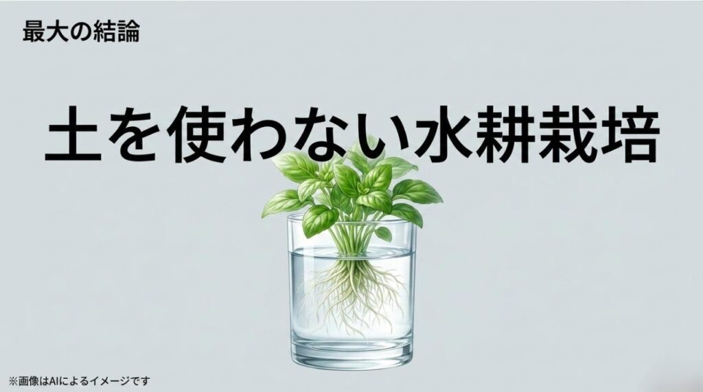 ガラス容器の中で綺麗に根を張った清潔な植物のイラストとともに、「最大の結論 土を使わない水耕栽培」と書かれたスライド