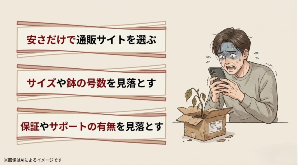 ネット通販で届いた植物が期待外れで、男性が頭を抱えている様子を描いた、安さ重視のリスクを伝えるイラスト