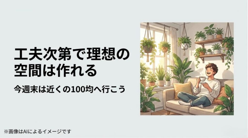 男性が植物に囲まれた理想的な部屋のソファでリラックスしているイラストと、100均へ行こうという前向きなメッセージ