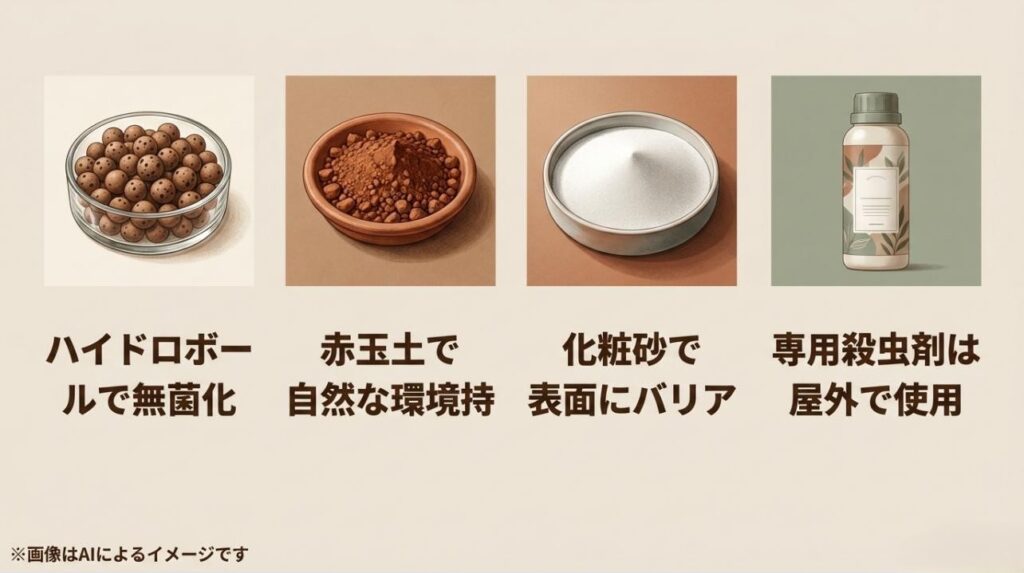 ハイドロボール、赤玉土、化粧砂、専用殺虫剤の4つの対策アイテムが並んだイラスト