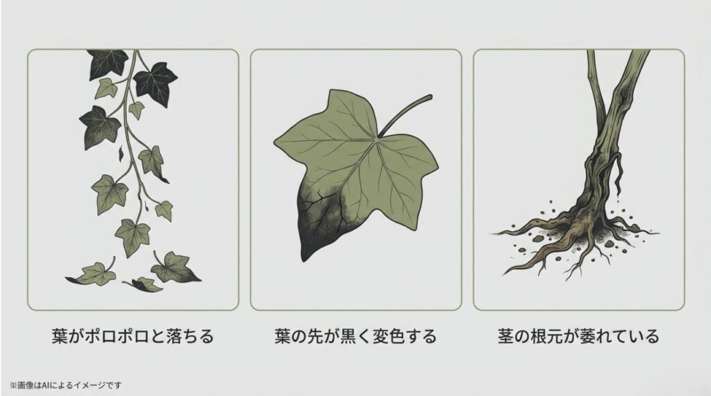 葉が落ちる、先が黒くなる、茎が萎れるといったアイビーの具体的な枯れサインをまとめたイラスト