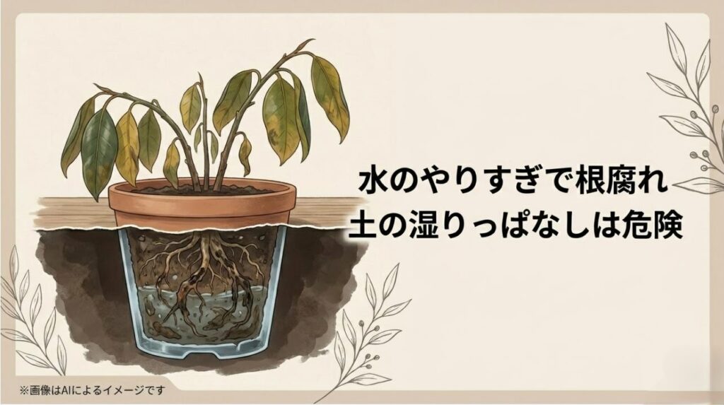 土が湿りっぱなしの状態が根腐れを招くことを説明する、水のやりすぎに注意を促すイラスト