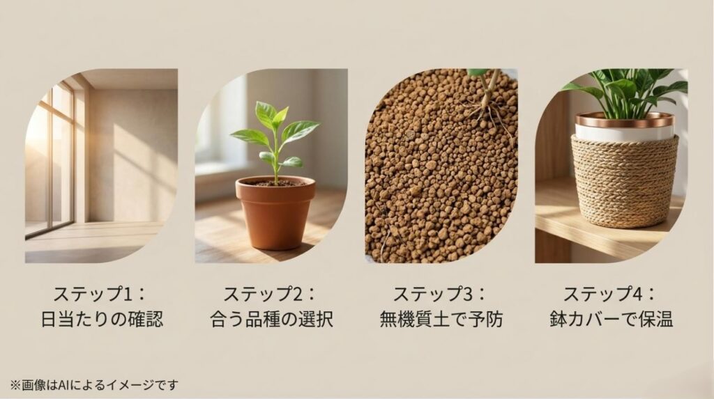 日当たりの確認から品種選び、無機質土での虫予防、鉢カバーによる保温対策までの手順を画像付きで解説したスライド