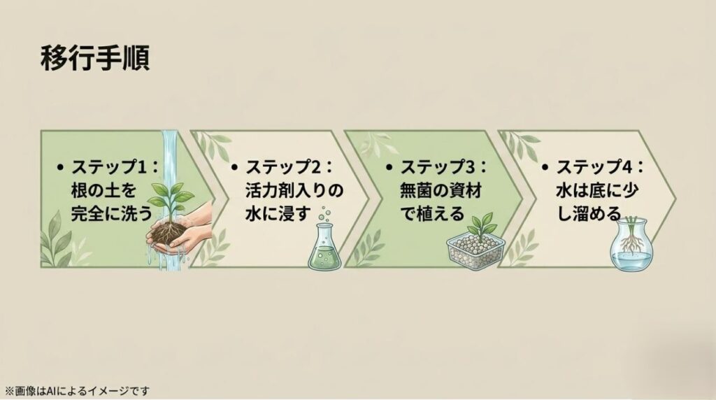 根の土を洗う、活力剤入りの水に浸す、無菌の資材で植える、水を底に少し溜めるという4つのステップが書かれたハイドロカルチャー移行手順のスライド