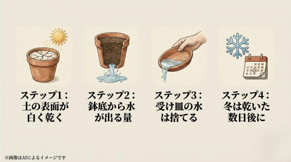 土の表面の乾燥確認、鉢底から流れる量の給水、受け皿の水を捨てる、冬は数日空けるという、具体的な水やりの4つの手順をアイコンと共に解説したスライド