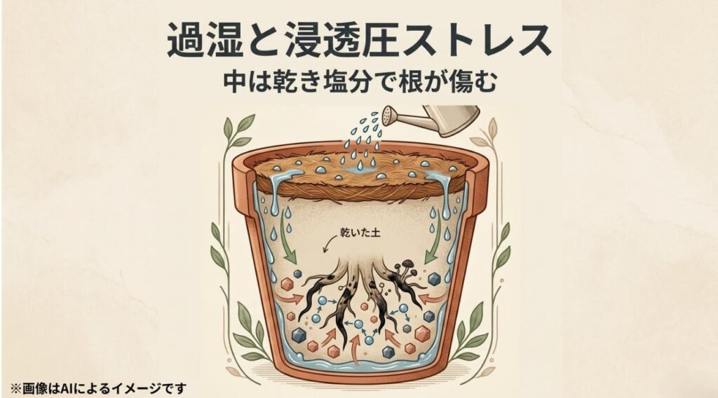 鉢の表面のココヤシファイバーが水を弾き、土の中心部まで水が届いていない様子を示すイラスト
