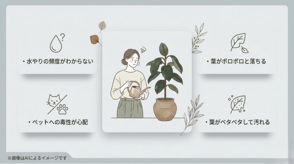 水やり頻度や葉落ち、ペットへの影響など、観葉植物初心者が直面しやすい課題をまとめたスライド