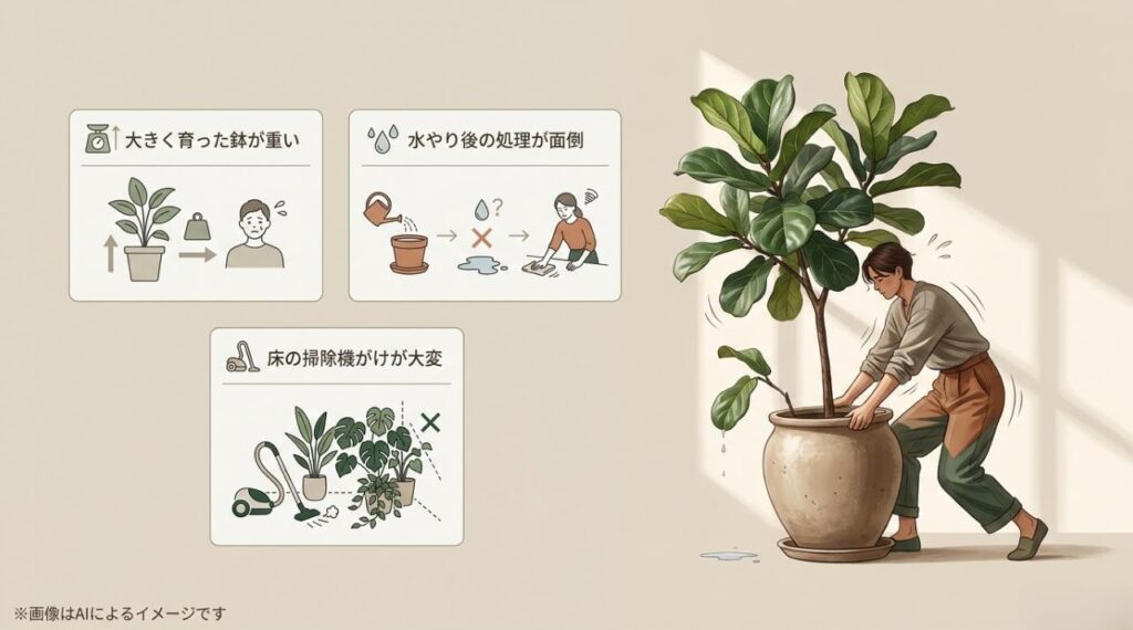 重い鉢の移動、水やり後の水漏れ、掃除機が届かない隅のホコリなど、観葉植物管理の困りごとをまとめたイラスト