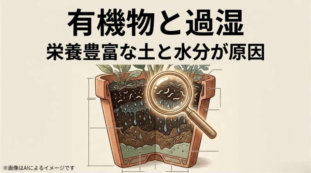 植木鉢の断面図で、栄養豊富な土と過湿によって土の中にコバエの幼虫が湧いている様子を虫眼鏡で拡大したイラスト