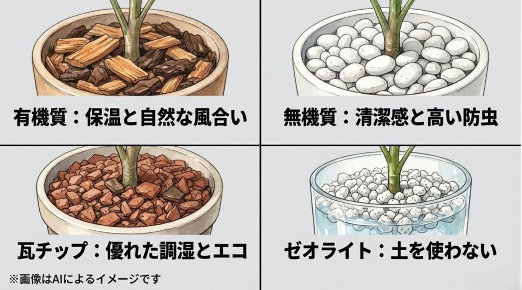 バークチップ(有機質)、化粧石(無機質)、瓦チップ、ゼオライトの見た目とそれぞれのメリットを比較したスライド