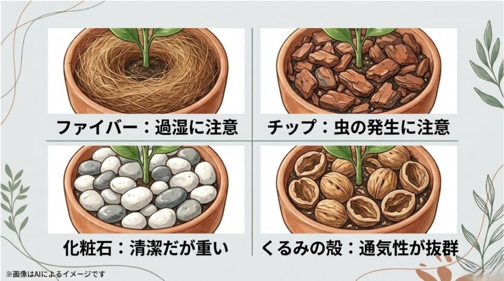 ココヤシファイバー、バークチップ、化粧石、くるみの殻の見た目とそれぞれの注意点を比較したスライド
