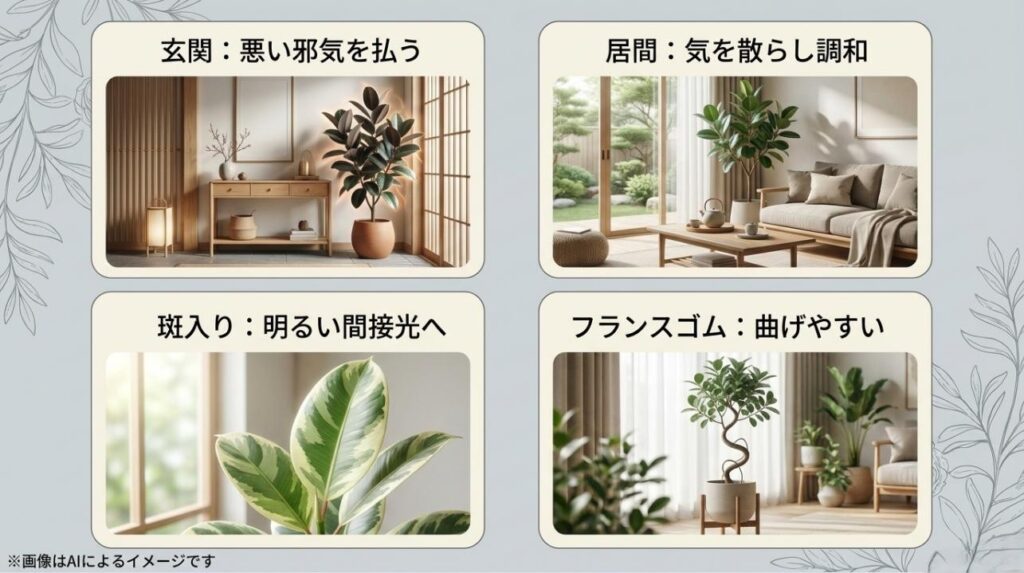 玄関やリビングでの風水効果の解説と、斑入り品種や曲げやすいフランスゴムの特徴をまとめたガイド