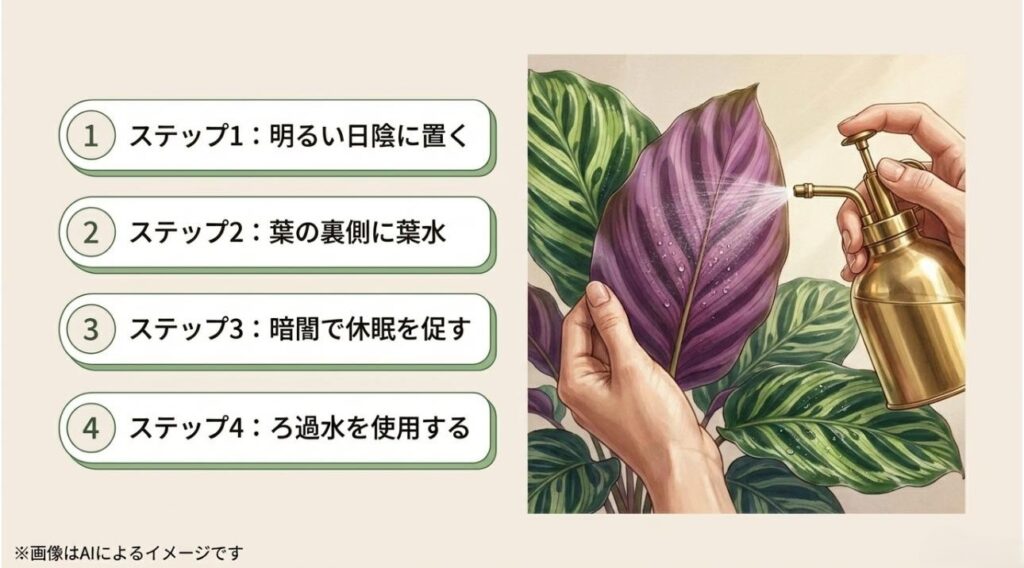 明るい日陰、葉の裏への葉水、夜間の暗闇、ろ過水の使用という、美しい葉を育てるための具体的な4つの手順