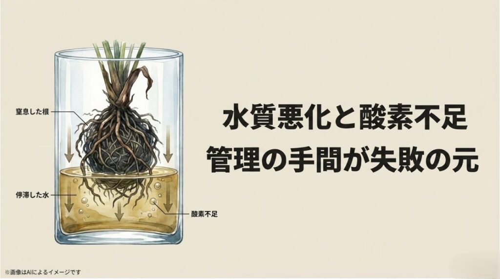容器の底に溜まった汚れた水と、酸素不足で窒息して傷んだ根の状態を示す図解