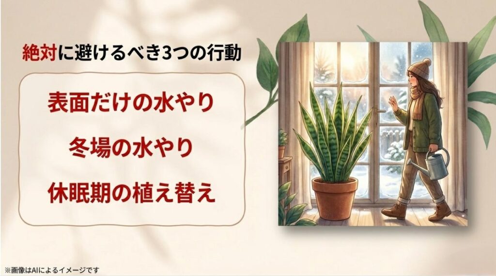 雪景色の窓辺で水やりジョウロを持つ女性のイラストと、表面だけの水やり、冬場の水やり、休眠期の植え替えを避けるよう注意を促すテキストが書かれたスライド