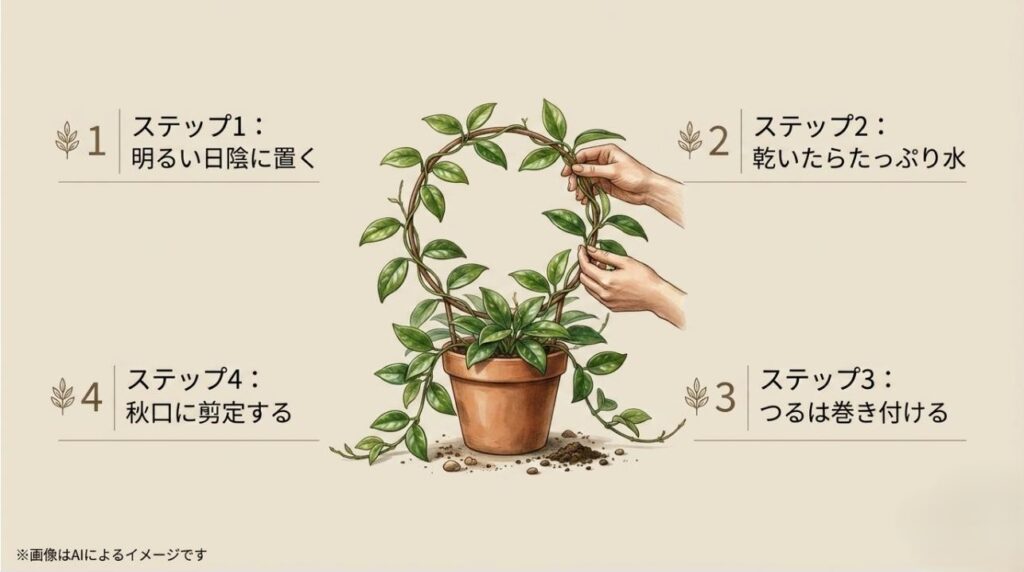 明るい日陰に置く、乾いたらたっぷり水、つるは巻き付ける、秋口に剪定するというホヤ育成の4つのステップ