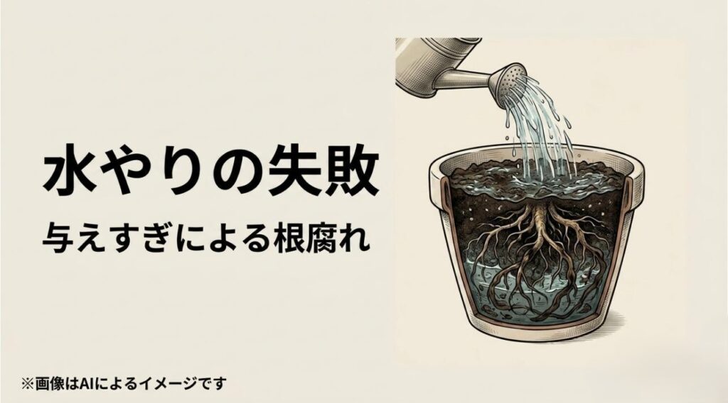 ジョウロで水を過剰に与えられた結果、鉢の内部の土に水が溜まり、根が窒息して根腐れを起こしている様子を描いたイラストスライド