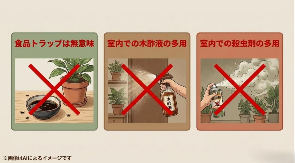 食品トラップ、室内での木酢液スプレー、室内での殺虫剤の多用にバツ印がついた、やってはいけないコバエ対策のイラスト