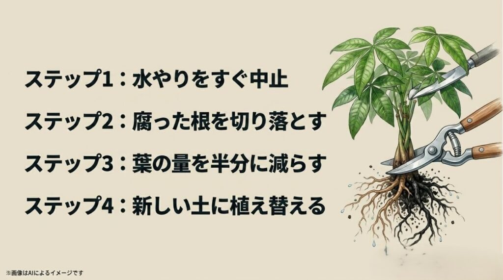 腐った根を切り落とし、葉を剪定して新しい土に植え替えるパキラの復活手順を示した図解
