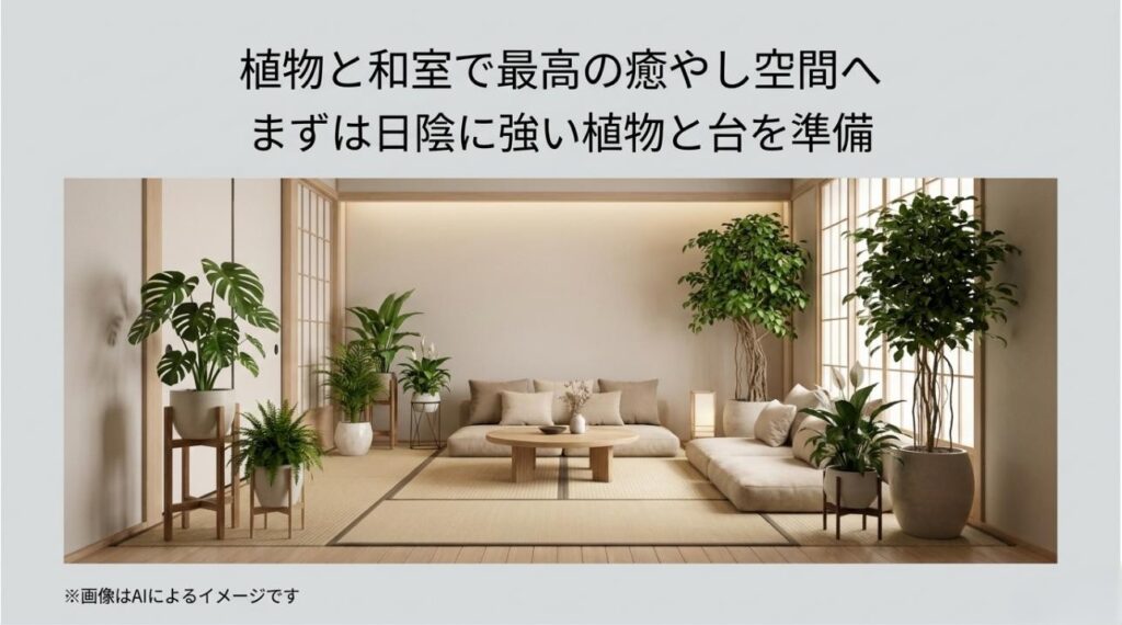 複数のモダンな観葉植物がセンス良く配置され、間接照明の光と畳の温もりが融合した、最高にリラックスできるおしゃれな和モダンの部屋