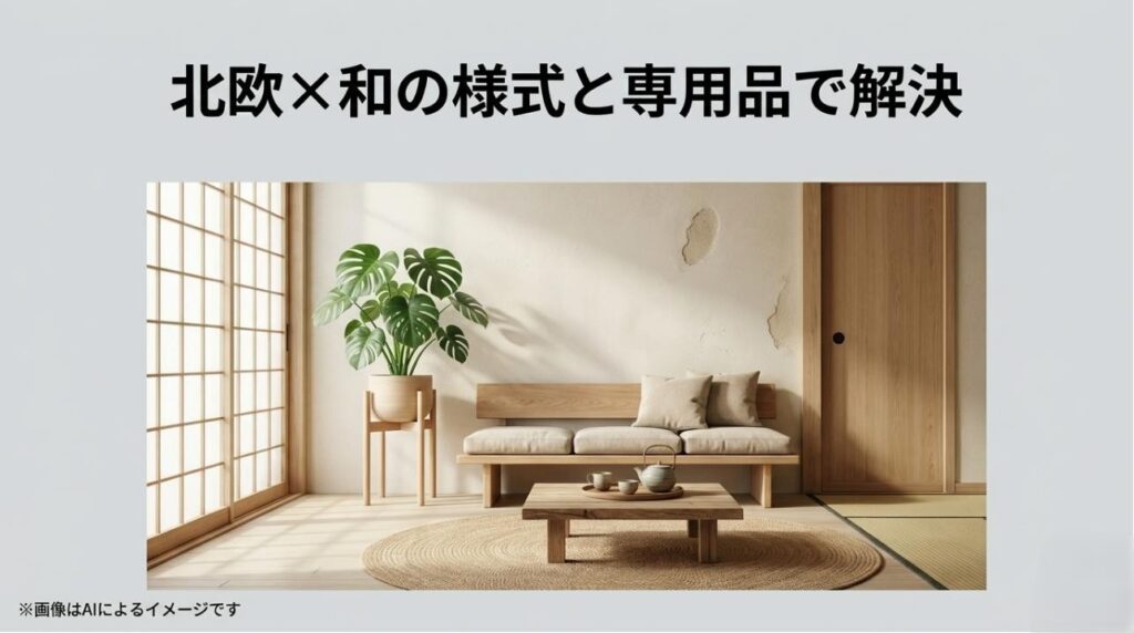 明るい和室にローソファと木製テーブルが置かれ、スタイリッシュなスタンドに飾られたモンステラが調和している洗練されたJapandiインテリア