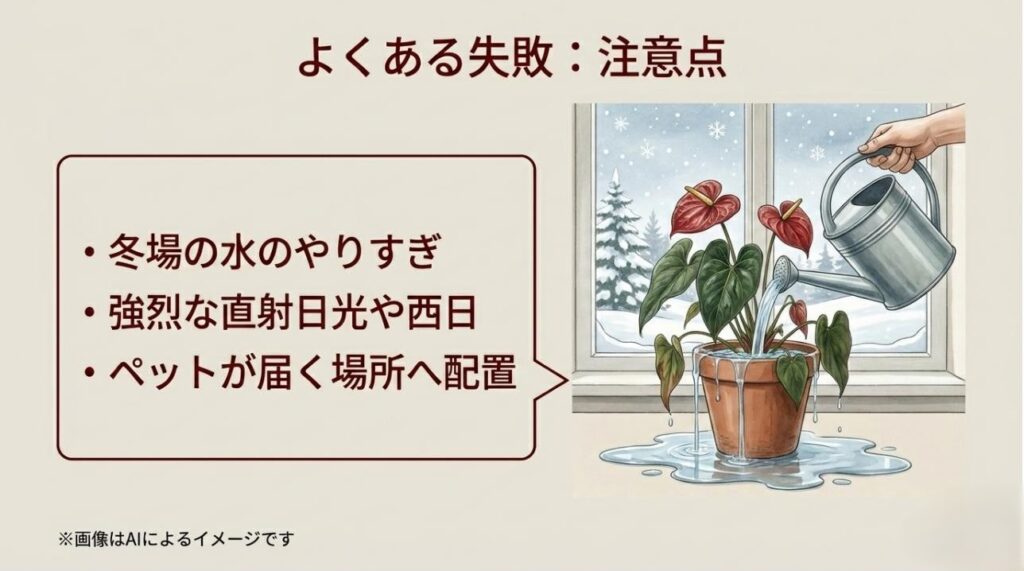 冬の水のやりすぎ、強烈な直射日光、ペットが届く場所への配置という、失敗を避けるための重要な警告スライド