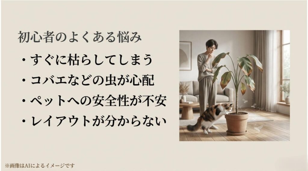 観葉植物の枯れやコバエの発生、ペットへの安全性、レイアウトに悩む人のイラストとチェックリストをまとめたスライド